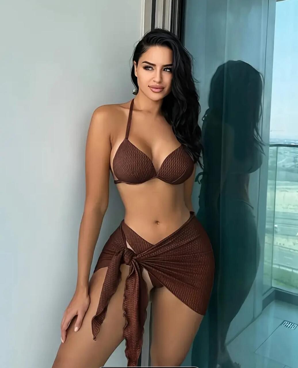 Solid Colour 3 Piece swimsuit, Triangle Halter Tie Strap Textured Fabric Bikini With Knot Cover Up