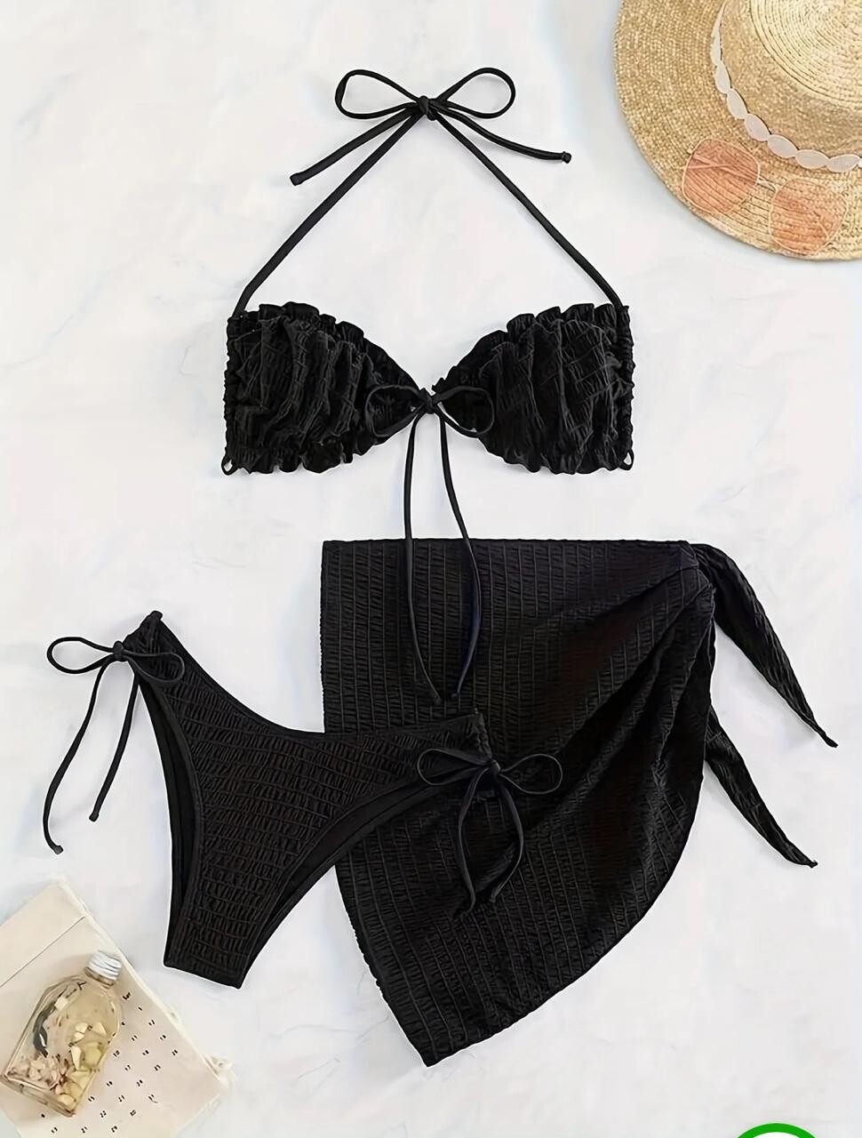 Solid Colour Fashion 3 Piece Bikini Set, Halter Neck Lettuce Trim Tie Side High Cut With Cover Up Skirt