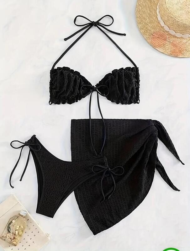 Solid Colour Fashion 3 Piece Bikini Set, Halter Neck Lettuce Trim Tie Side High Cut With Cover Up Skirt