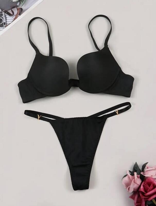 Simple Solid Push-Up Scoop Bra &amp; Elastic Thong Lingerie Set