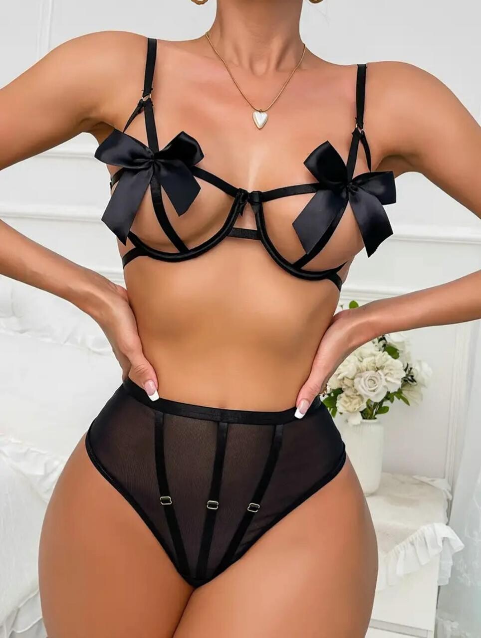 Seductive Bow Lingerie Set, Cut Out Bra &amp; Thong Set