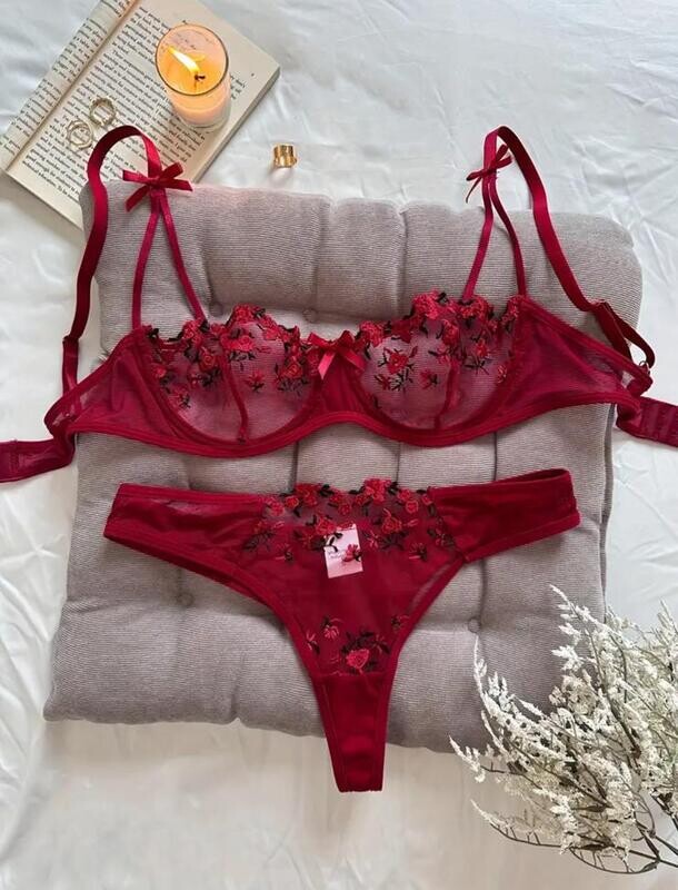 Floral Embroidery Lingerie Set, Mesh Unlined Bra &amp; Thong