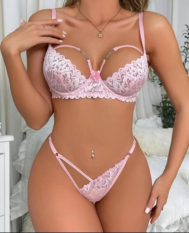 Floral Lace Lingerie Set, Scallop Trim Bow Tie Bra &amp; Cut-Out Thong