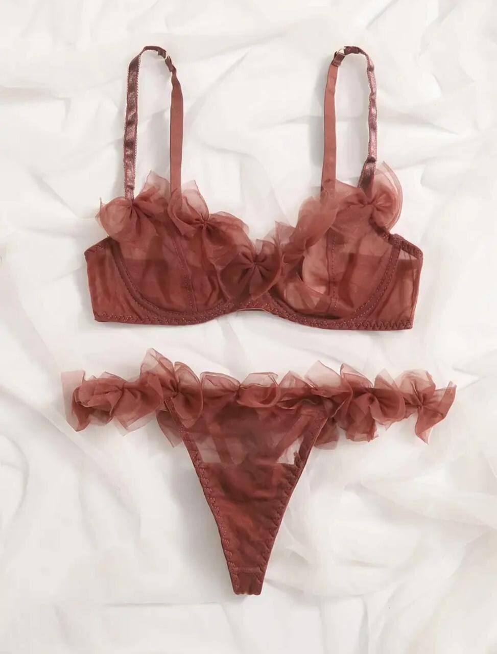Solid Cute Mesh Bow Knot Lingerie Set, Semi Sheer Intimate Bra &amp; Thong
