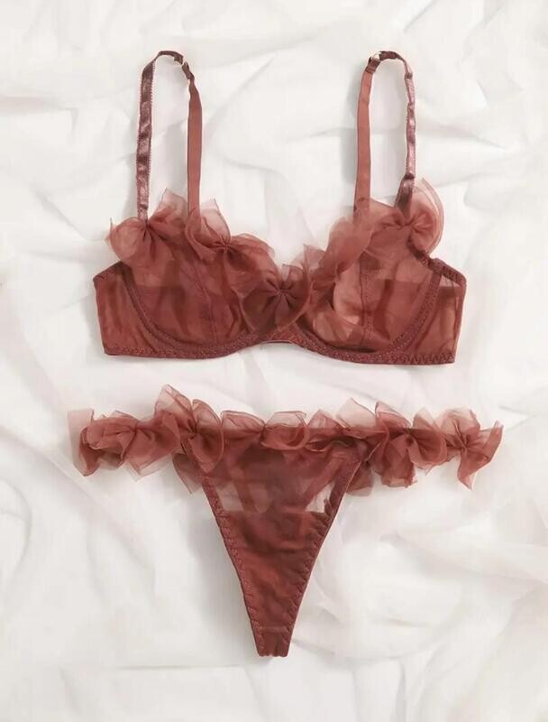 Solid Cute Mesh Bow Knot Lingerie Set, Semi Sheer Intimate Bra &amp; Thong