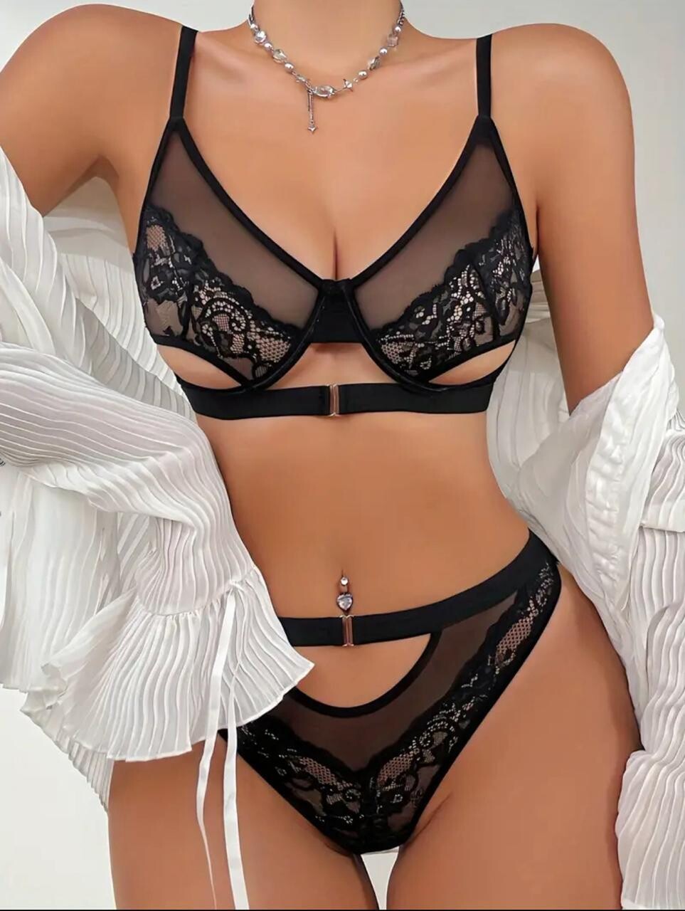 Hot Floral Lace Cut-Out Bra &amp; Mesh Thong Lingerie Set