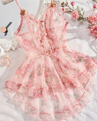 Women&#39;s Sleepwear And Dress Romantic Floral Print Riffle Nightdress