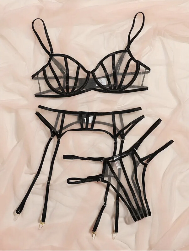 Women&#39;s Erotic Mesh Lingerie Set, Sheer Bra &amp; Double Ribbon Thong &amp; Hater Belt