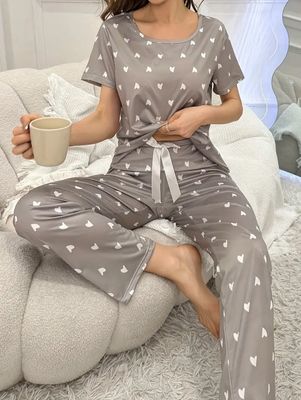 Allover Heart Print Casual Pajama Set