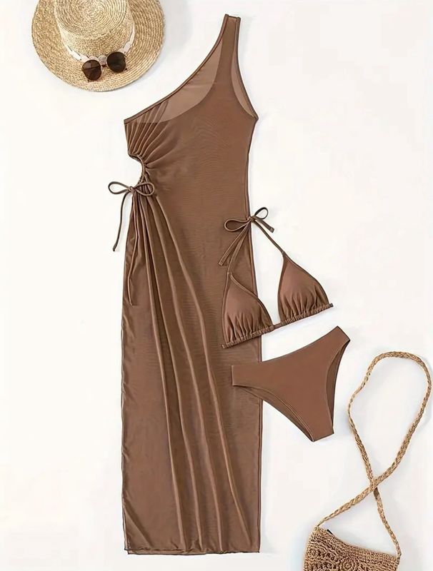 Brown One shoulder Cover- Up Dress With Bikini