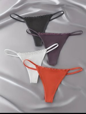 4pcs Solid Scallop Lace Trim Cotton Thongs