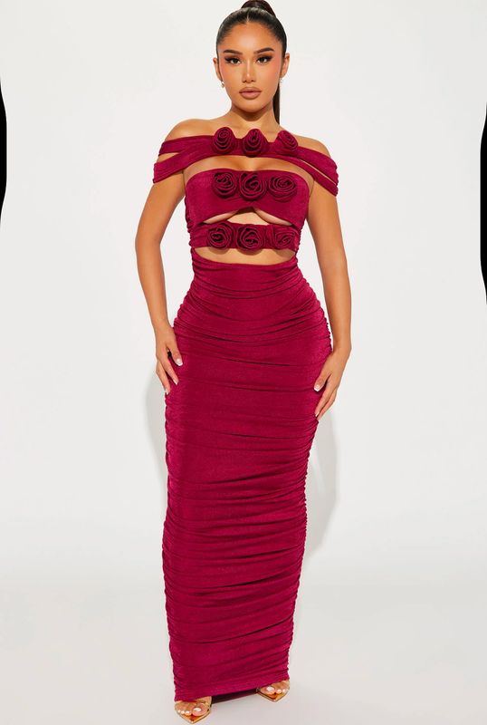 Flower Maxi Dress - Burgundy
