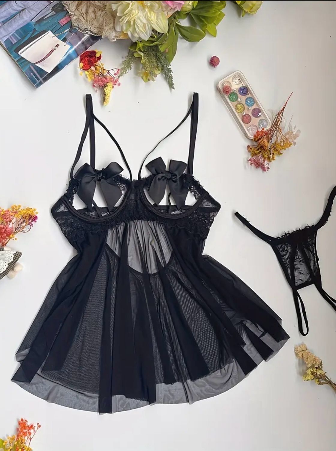 Spaghetti Straps Backless Bow Lingerie Set, Deep V Slip Dress &amp; Thong, Women&#39;s Sexy Lingerie &amp; Underwear