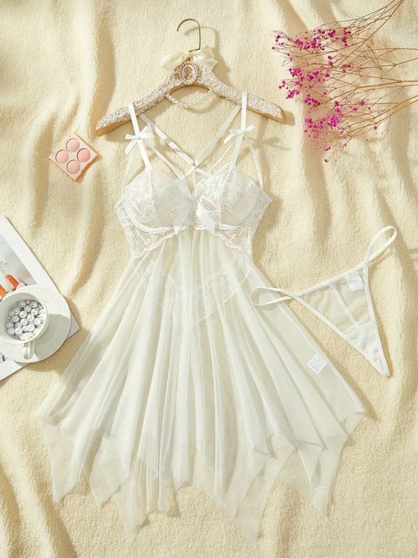 Asymmetric Hem Cross Strappy Slip Dress &amp; Thong