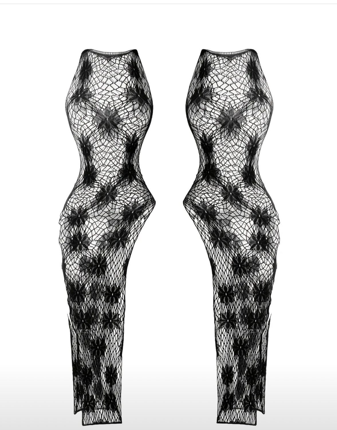Sexy Sheer Mesh Bodycon Dress with Flower Slit