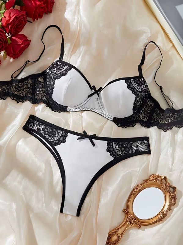 Solid White With Black Lace Lingerie Set