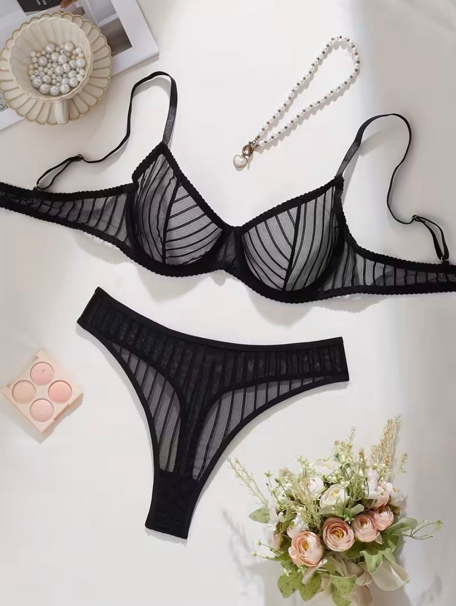 Black Stripe Lace Set