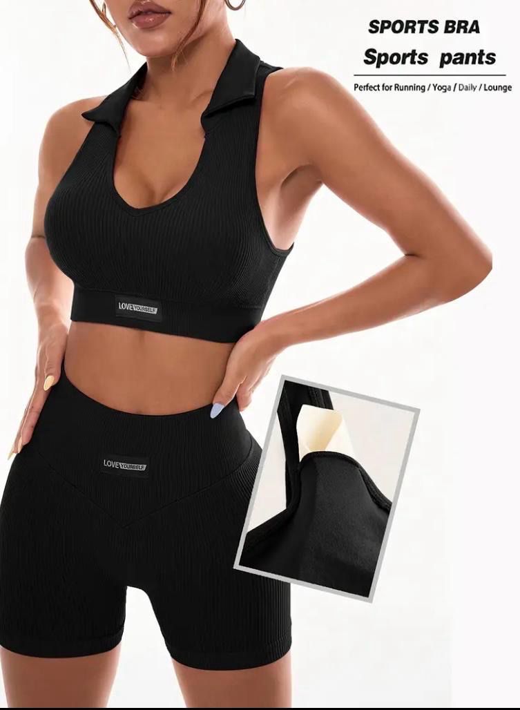 2pcs Women'S Outdoor Sports Fitness Top and Shorts | V-neck with Removable Padding, High-Waist Cross-Waist Shorts, High Stretch