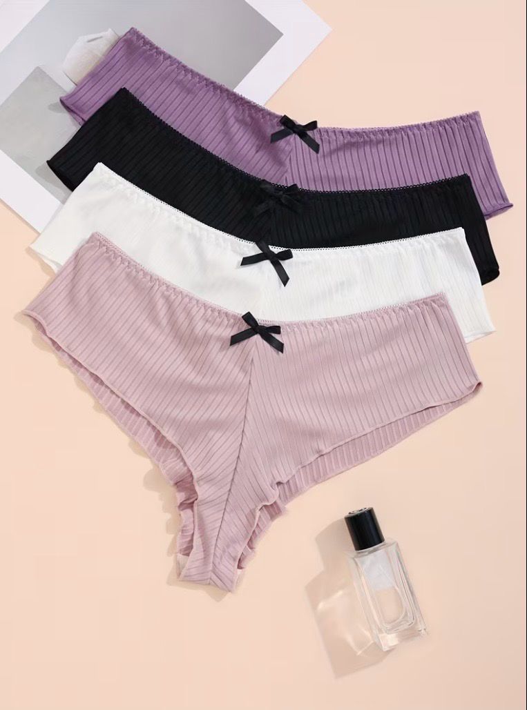 Set of 4 Solid Color Bowknot Ribbed Underwear