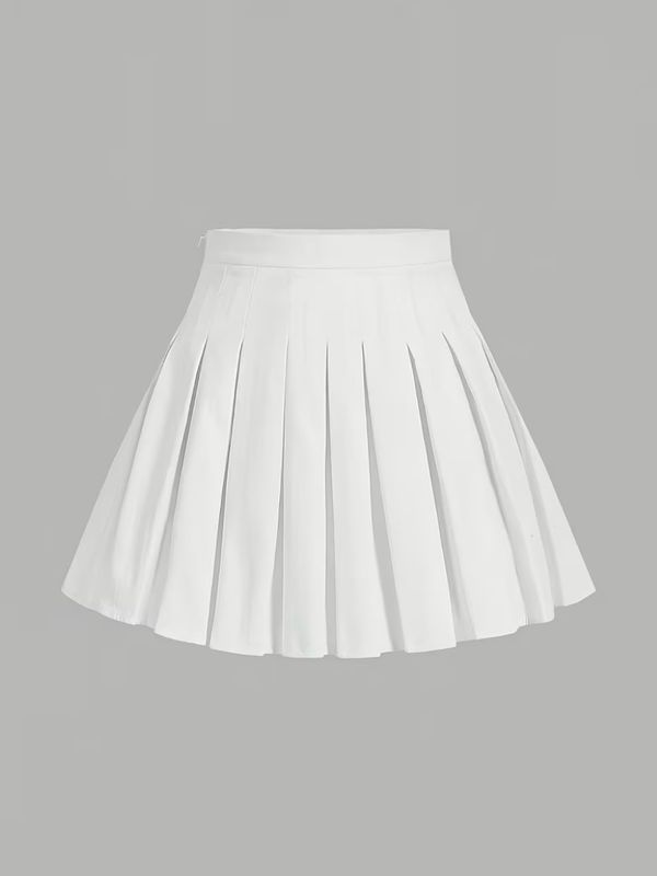 White Side Zipper Casual Pleated Skirt