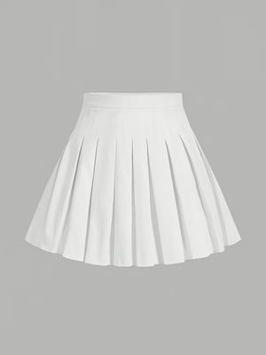White Side Zipper Casual Pleated Skirt
