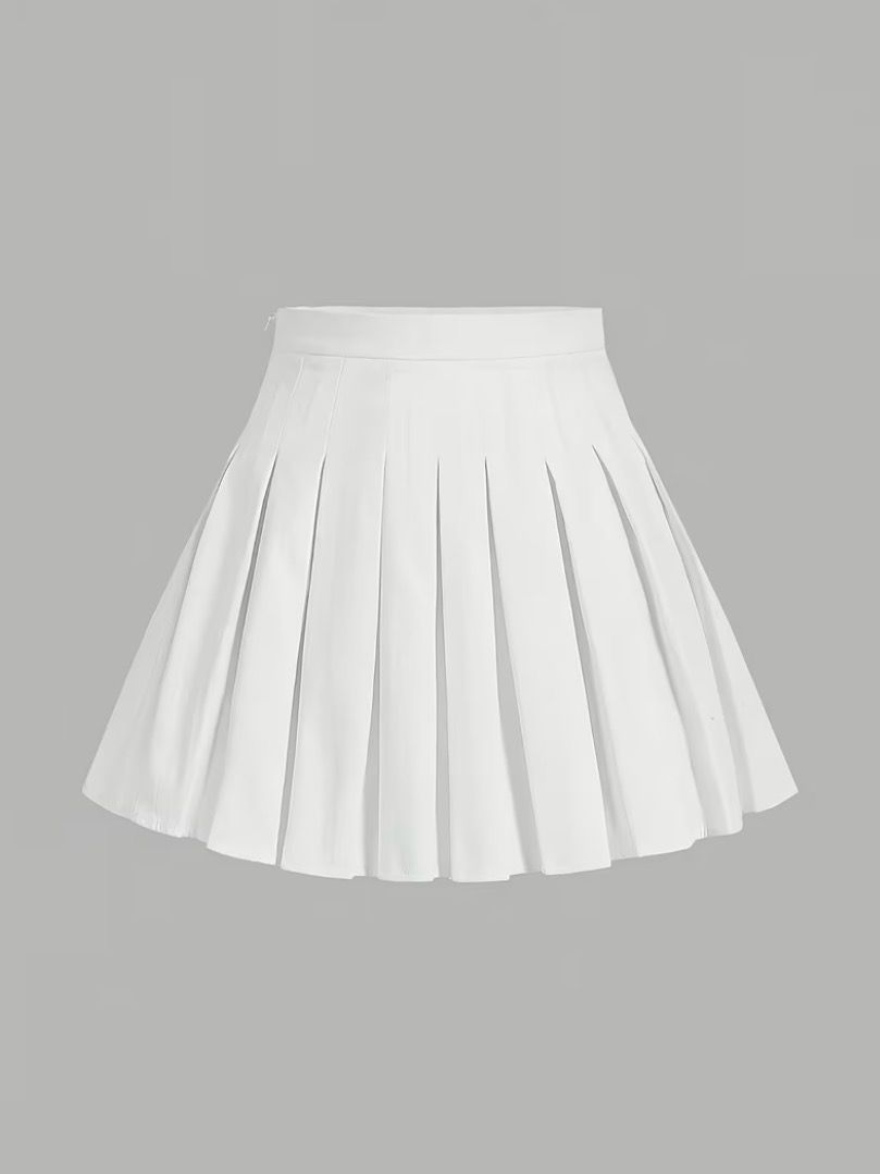 White Side Zipper Casual Pleated Skirt