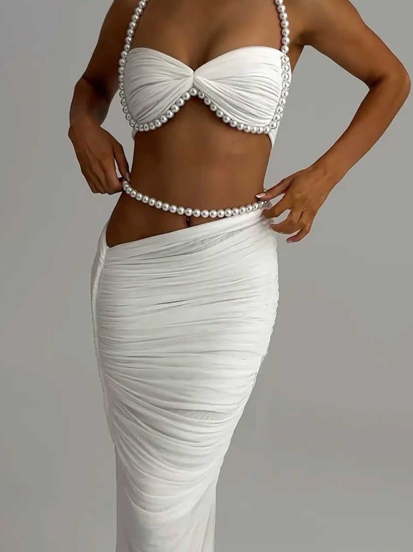Pearl-Embellished Crop Top Low-Waist Hip-Wrapping Long Dress Set