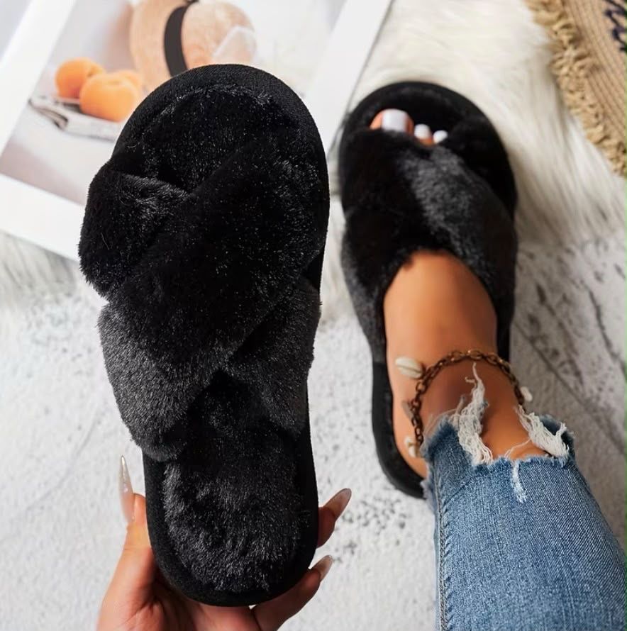 Fuzzy Cross Strap House Slipper