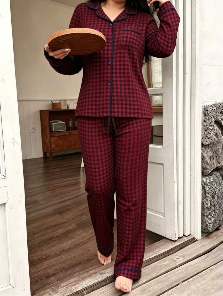 Plaid Lapel Pajama Set