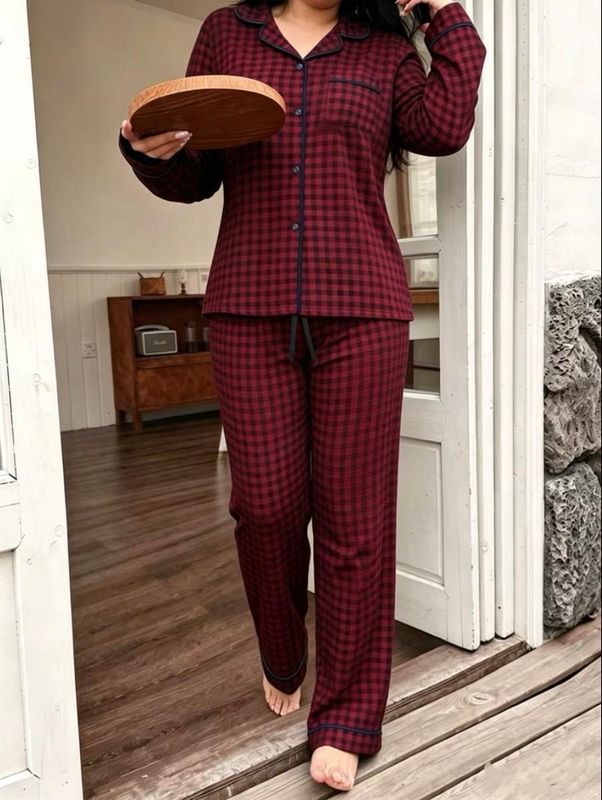 Plaid Lapel Pajama Set