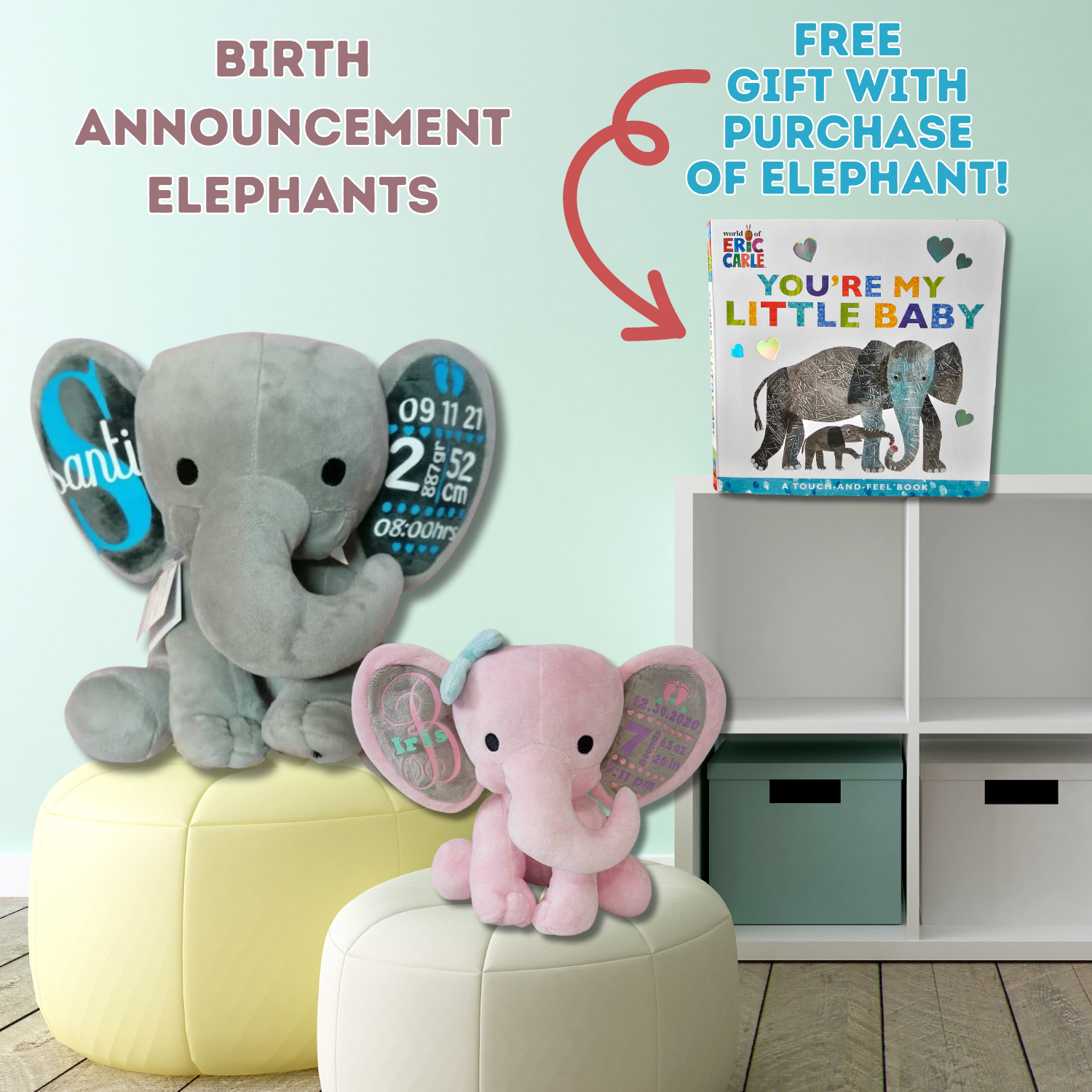 Birth Announcement Elephant Plush &amp; Free Book