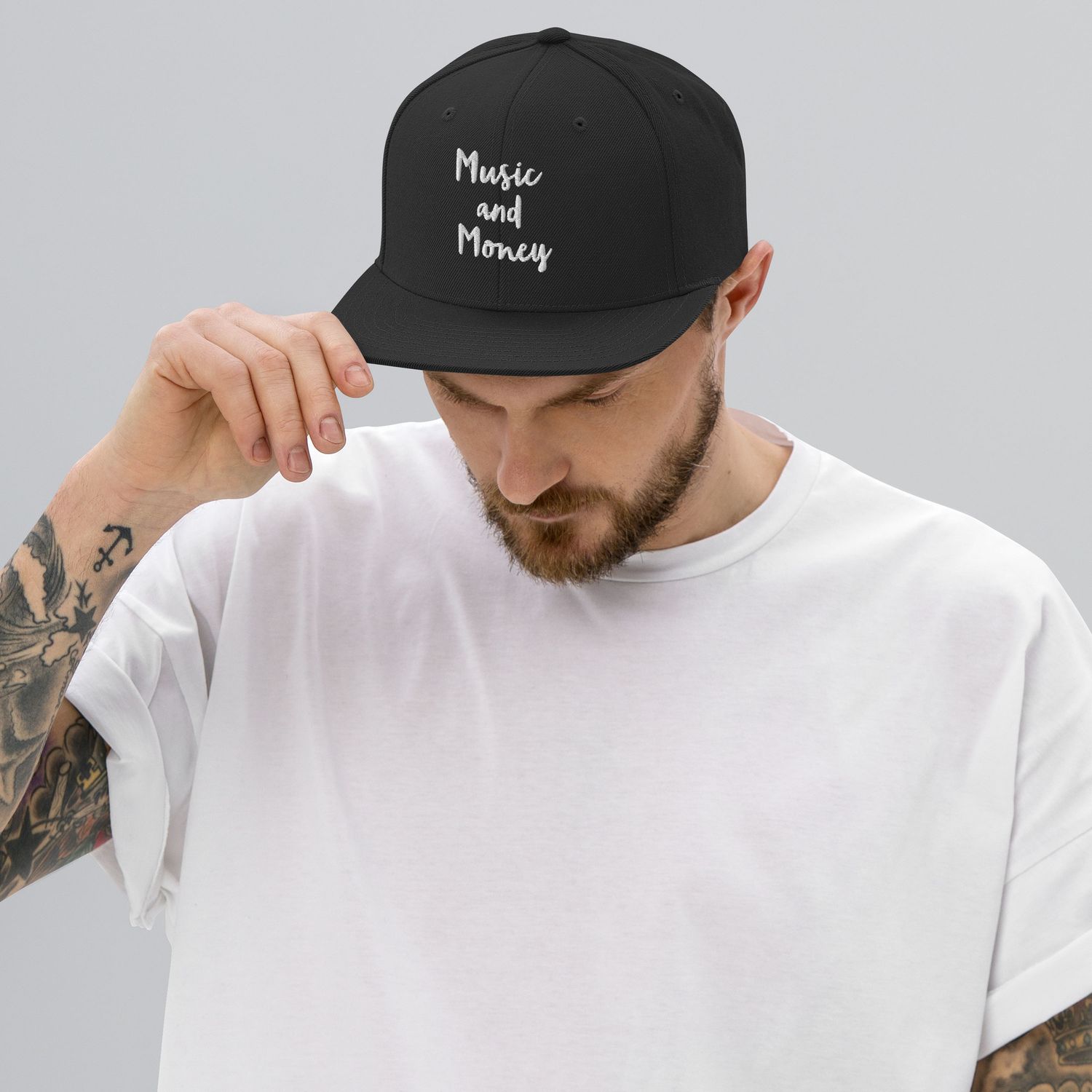 Music and Money - White Text - Snapback Hat