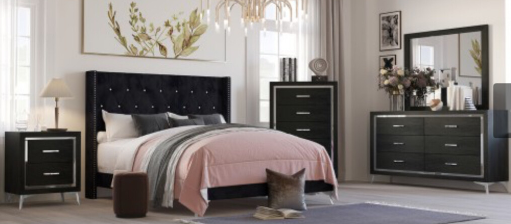 HUXLEY QUEEN UPHOLSTERED HEADBOARD/FOOTBOARD/RAILS,  BLACK