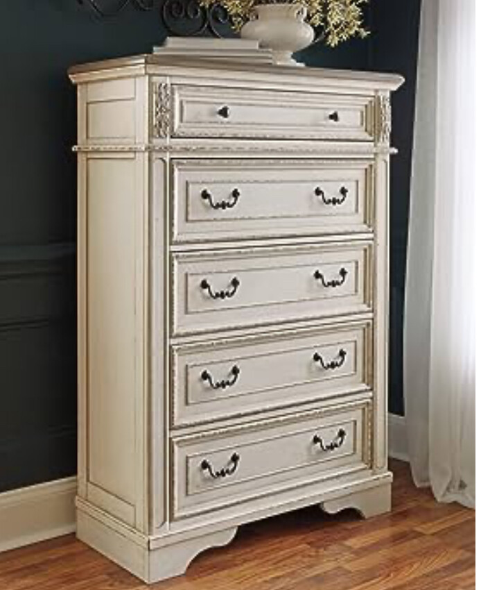 Realyn 5 Drawer Chest in Chipped White and Brown Realyn 5 Drawer Chest in Chipped White and Brown