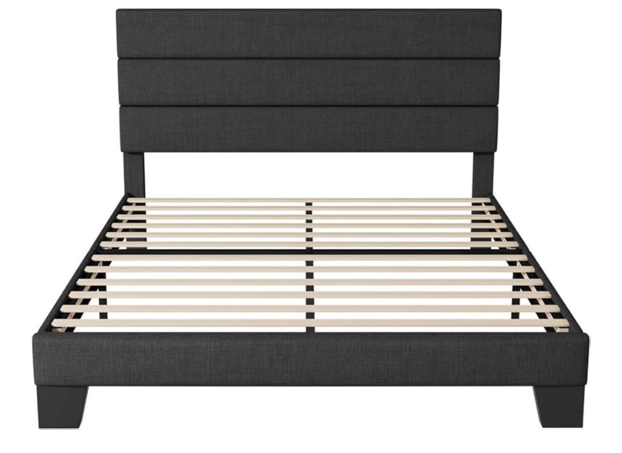 King Size Platform Bed Frame with Fabric Upholstered Headboard and Wooden Slats Support-Dark Grey