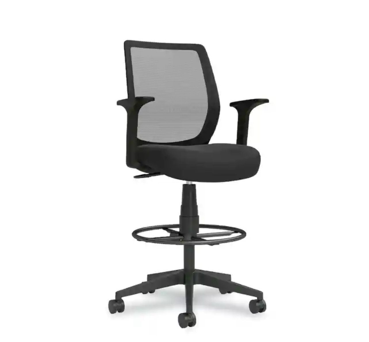 Mesh Back Fabric Drafting Stool with Arms, Supports Up to 300 lb, Black Seat/Back, Black Base