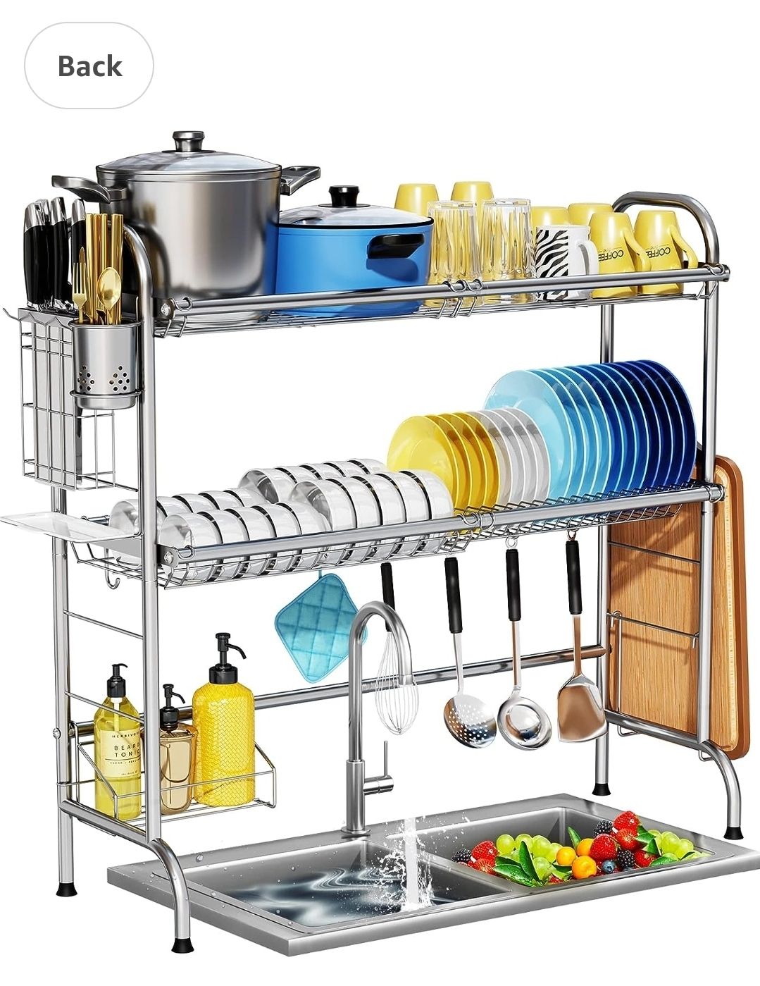 Stainless Steel 2-Tier Over The Sink Dish Drying Rack with Utensil Holder, Large, for Kitchen Counter