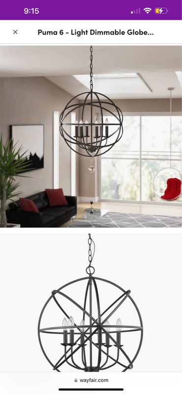 30” iron Chandelier holds 6 bulbs generously size for living room, dining room, bedroom