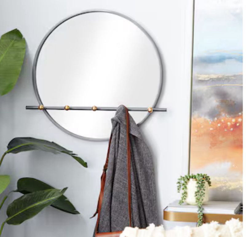 The Novogratz 25.7-in W x 24.05-in H Round Silver 5 Hooks Framed Wall Mirror