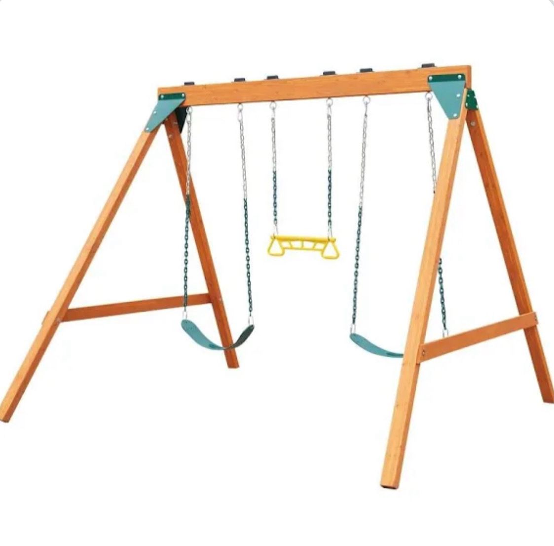 A-Frame Wooden Swing Set with 2-Belt Swings and Ring/Trap Combo