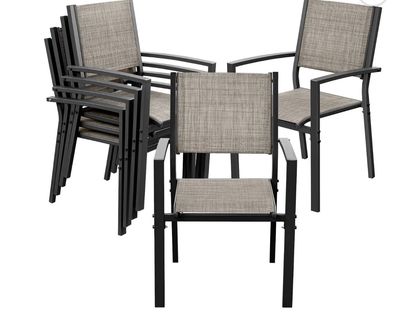 Devoko 6 Pieces Patio Dining Set Outdoor Furniture Set 6 Stackable Textilene Armchairs, Light Gray, Steel