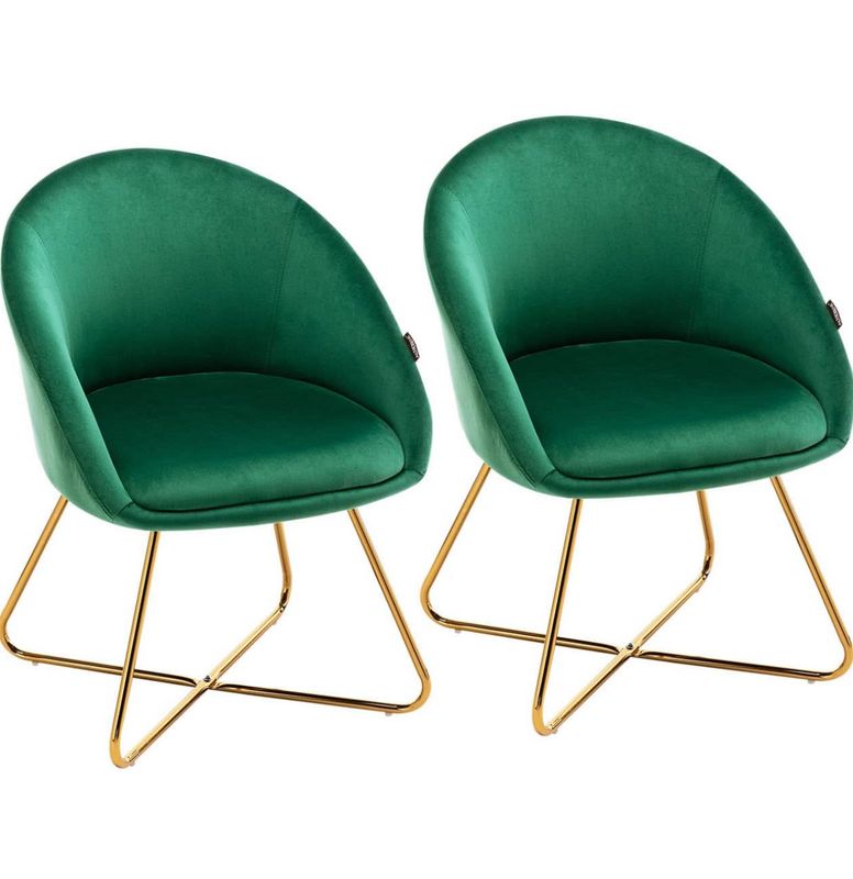 Mid-Century Velvet Dining Chairs, Modern Accent Chair for Living Room Bedroom Home Office, Golden Finished, Set of 2, Green