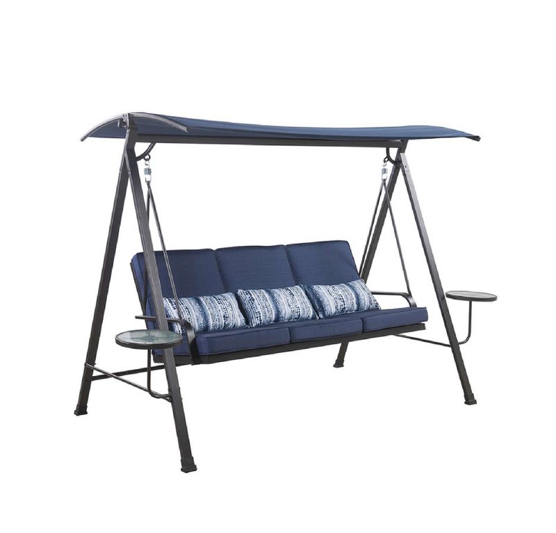 3 Person Black Steel Swing with Tables Blue living accent