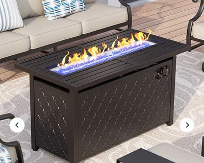 Leather Grain 44.88 in. x 24.8 in. 50,000 BTU Rectangle Metal Gas Fire Pit Table with Lid and Blue Fire Glass