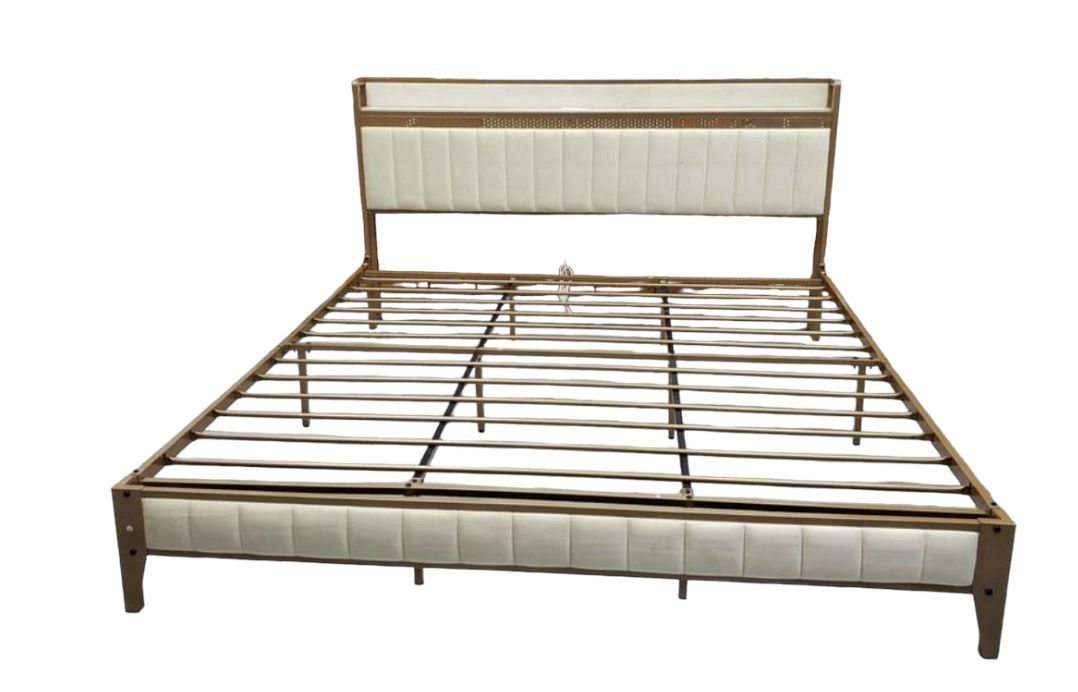 King Size Bed Frame w/ Charging Station, LED Bed Frame w/ Storage Headboard-beige/Gold