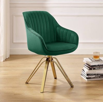 Art Leon Mid Century Modern Swivel Accent Chair, Desk Chair No Wheels, Fabric Upholstered Armchair with Gold Legs, Chair for Office, Bedroom, Green Black