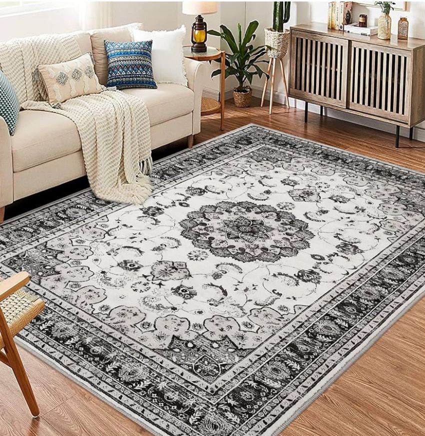 Washable Vintage 8x10 Area Rug for Living Room, 8x10 Traditional Oriental Medallion Floral Rugs for Bedroom, Stain Resistant Indoor Print Carpet for Dining Room Entryway Office, Grey