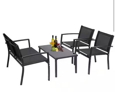 Black 4-Piece Metal Patio Furniture Set Outdoor Garden Patio Conversation Set with Coffee Table