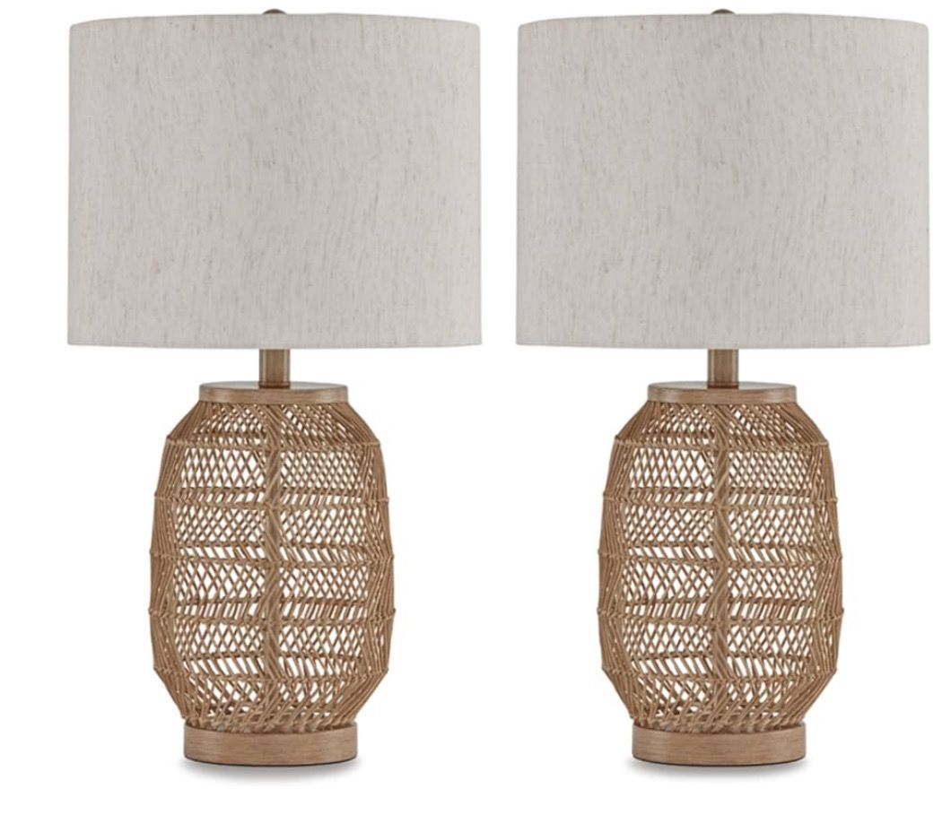 Signature Design by Ashley Orenman Bohemian Rattan Casual Table Lamp Set, 2 Count, Light Brown