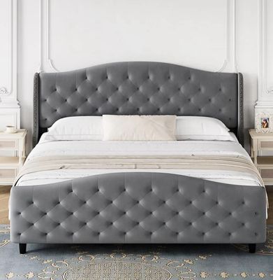 KING SIZE Platform Bed Velvet Upholstered Headboard and Wooden Slats Support, No Box Spring needed